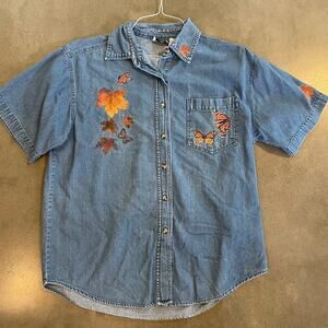 Vintage PTNY Chambray denim leaf monarch butterfly womens Medium shirt